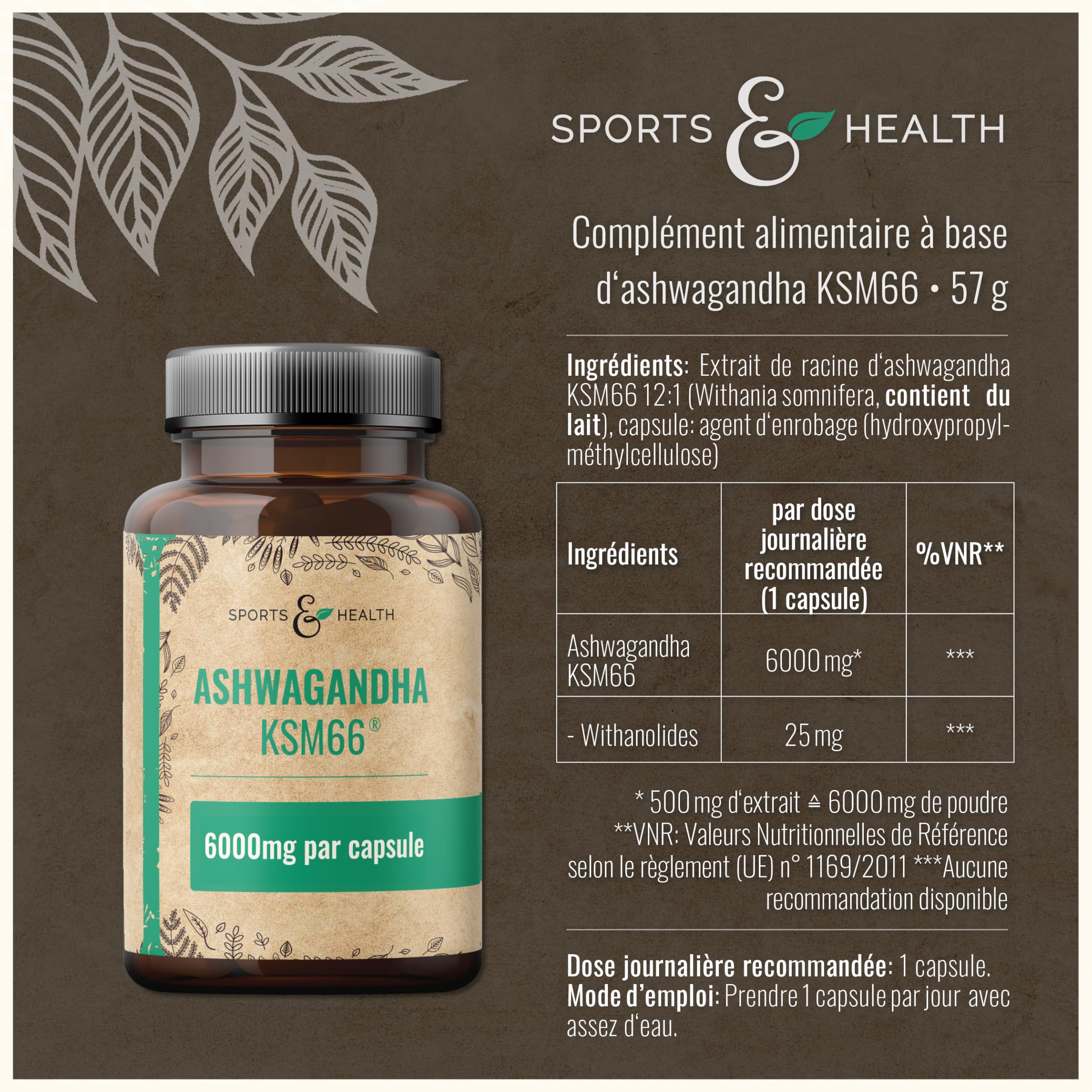 Ashwagandha KSM-66 Gélules – Ultra hautement dosé 6 000 mg par gélule – Extrait pur sans additifs – 100 gélules d’Ashwagandha – KSM66 Withanolides