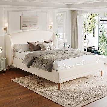 White Queen Size Cloud Bed Frame, Upholstered Boucle Platform Beds Frames, with Fluffy Soft Headboard Marshmallow Bedroom Bedframe, No Box Spring Required, Easy Assembly 34" White, Queen