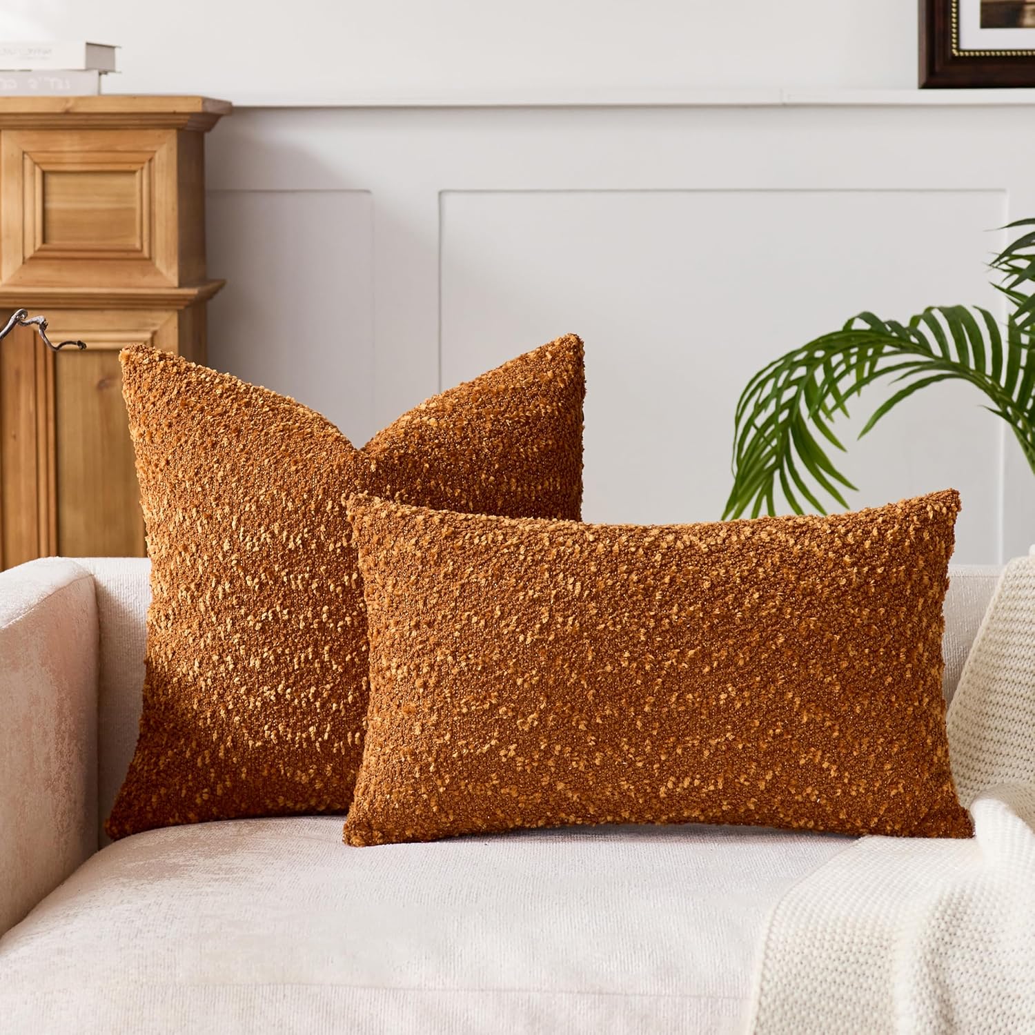 Decorative Throw Pillow Covers 18x18 Inch Set of 2 Farmhouse Square Chenille Textured Couch Cover for Chair Sofa Bedroom Living Room Home Decor (Caramel, 18" x 18" (Pack of 2))