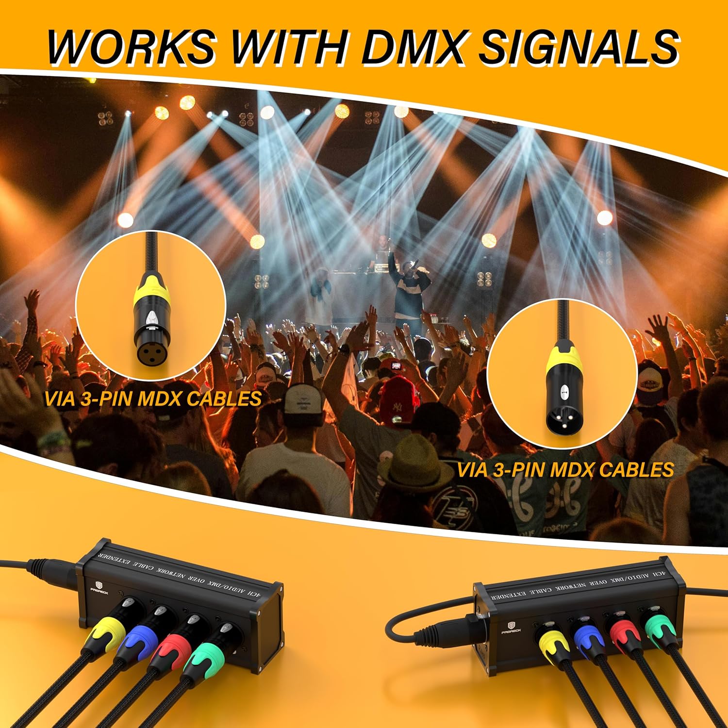PRORECK 4-Channel XLR to Ethercon RJ45 Cat6 3-Pin DMX & Audio Extender, Ideal for Stage Lighting, Live Sound & Recording Studios(3-Pin XLR to Ethercon RJ45 CAT6)
