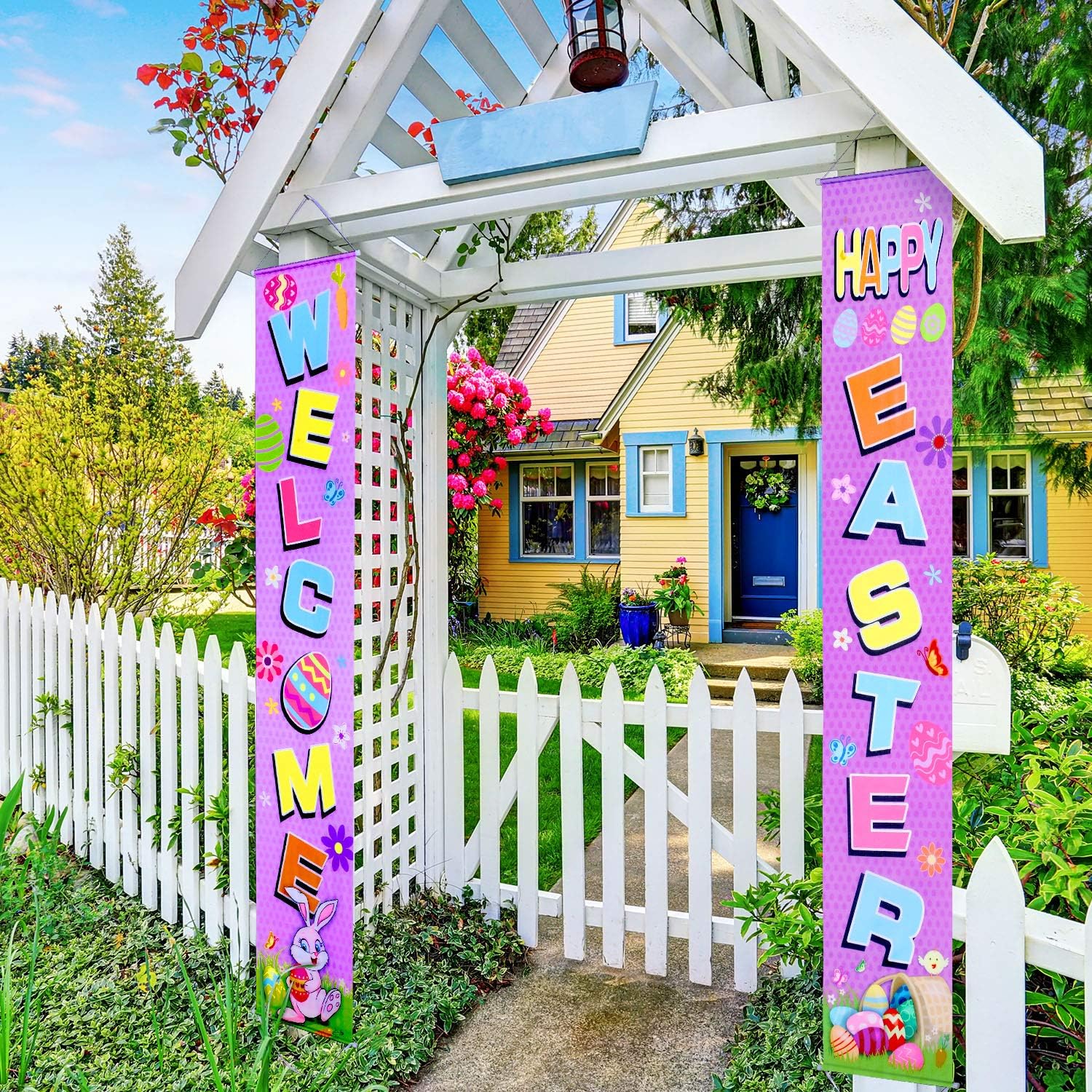 Blulu Easter Decoration Set Easter Porch Sign Welcome Happy Easter Banner Easter Poster Door Hanger for Spring Indoor/Outdoor Easter Door Decoration Party (Purple)