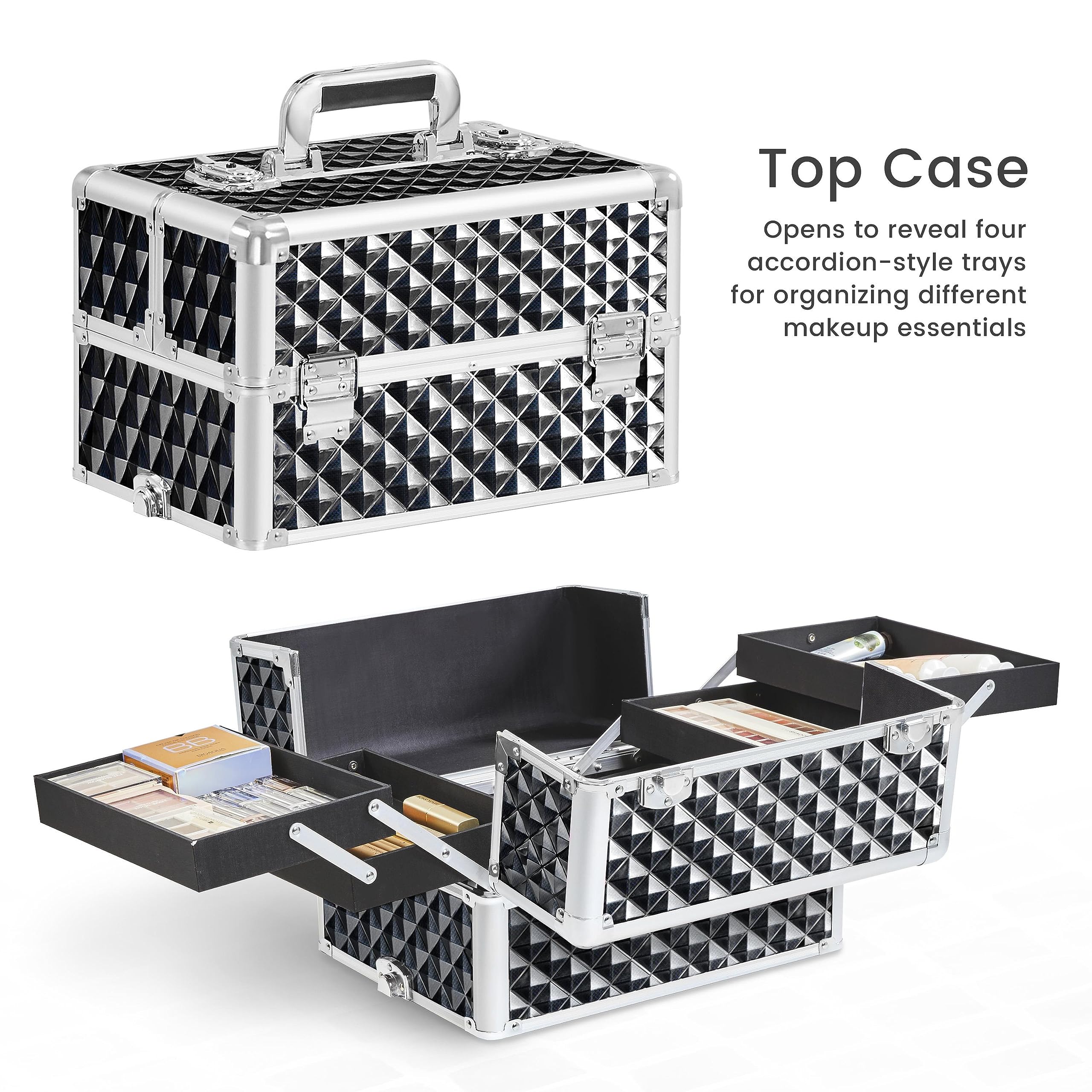 Yaheetech 4-in-1 Kosmetikkoffer, Trolley Schminkkoffer, Großer Make up Koffer, Abschließbar Multikoffer Friseurkoffer Beauty Case mit Rollen und Schublade, Glitzer Schwarz