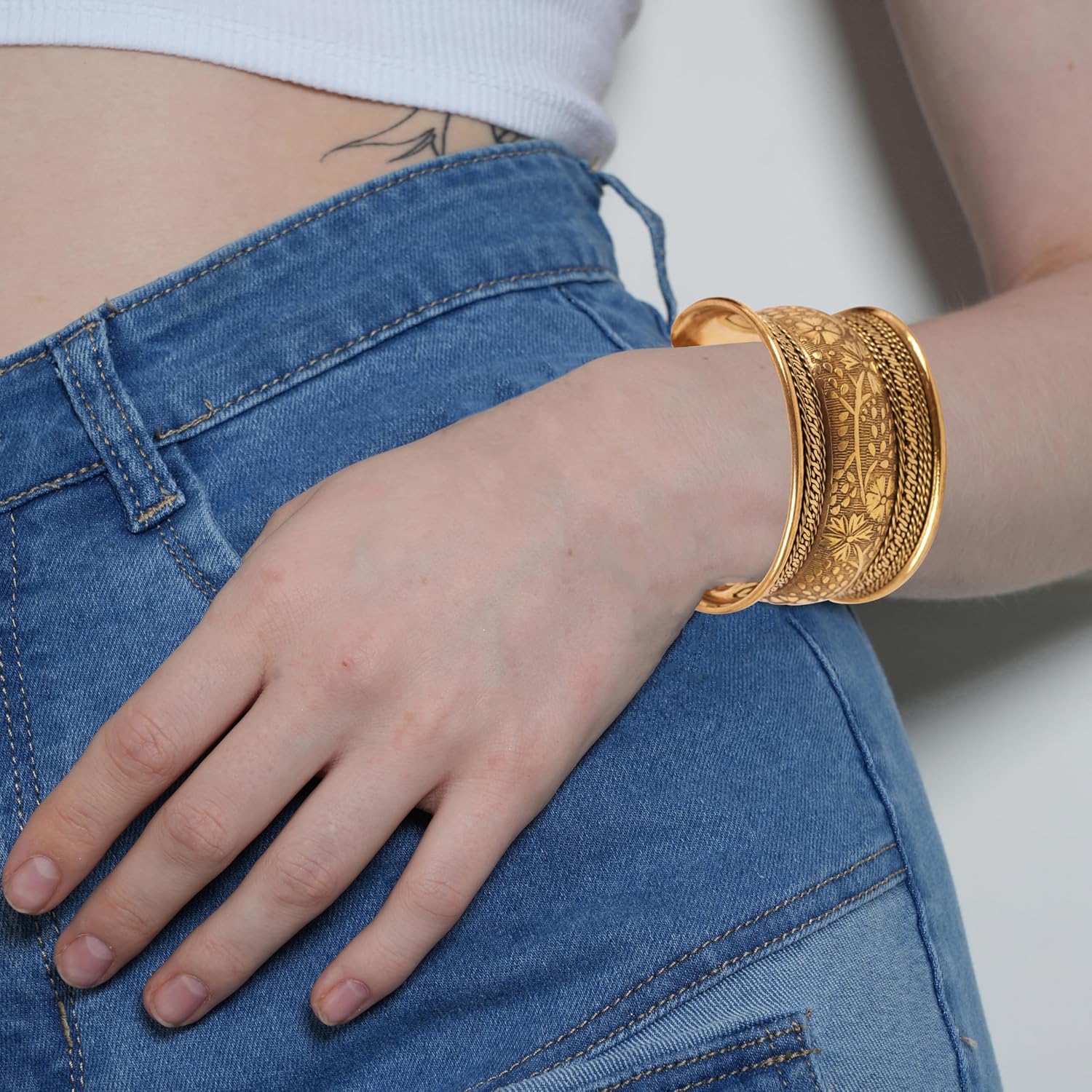 Touchstone Indian Bollywood Desire Brass Base Exotic Workmanship Free Size Cuff Bracelet in Antique Gold Or White Or Copper Tone for Women. - Image 5