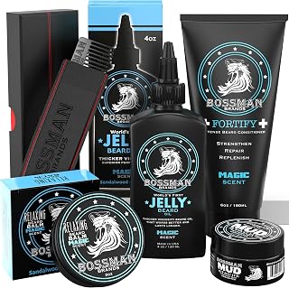 Complete Beard Kit – Men's Beard Oil Jelly, Fortifying Shower Conditioner, Balm, Mustache Wax & Comb – Beard Softener & Grooming Care (Magic Scent)