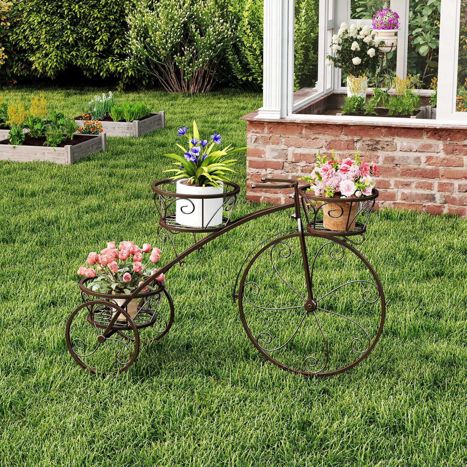 GOPLUS Pflanzenregal Fahrrad, Blumenregal mit 3 Ebenen, Blumenständer aus Metall, Pflanzenständer Blumentopfständer für Garten Balkon & Terrasse (85 x 25 x 50 cm,Bronze)
