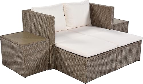 Miniatura 4 de Merax Juegos de muebles de patio al aire libre, sofá de mimbre de polietileno para conversación de jardín con 2 mesas de té, 6 piezas, marrón