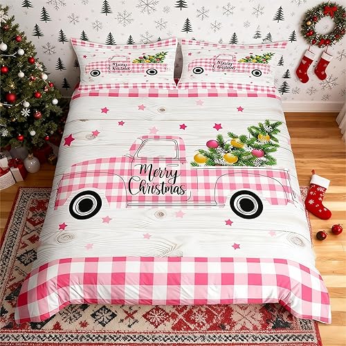Vista 179 de Juego de funda de edredón rosa de Navidad para niñas, tamaño matrimonial, lindo juego de ropa de cama de dibujos animados de pingüino de Papá Noel