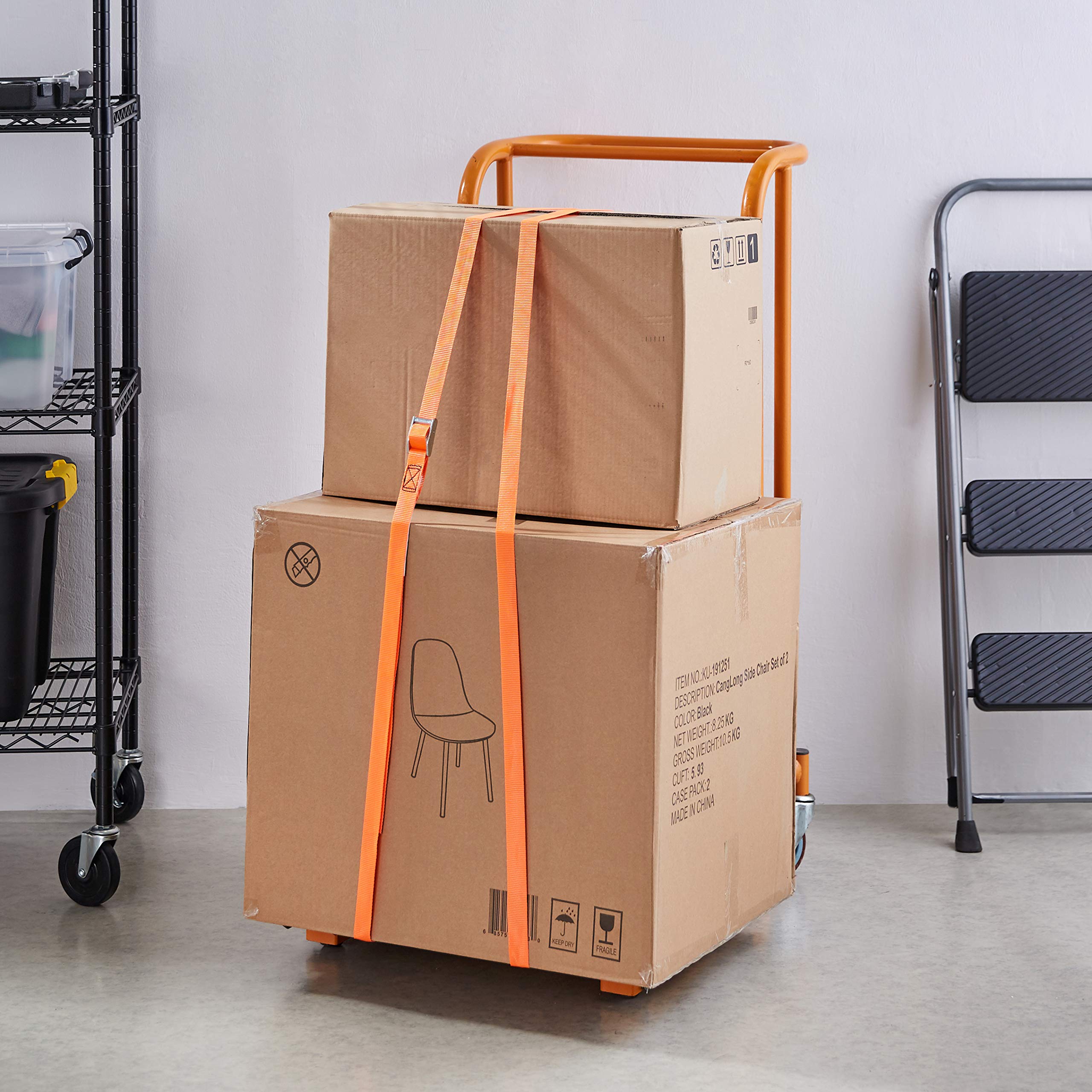 Amazon Basics Cinghie di fissaggio, lunghezza 6 m, larghezza 25 mm, capacità di carico 150 kg, conformi a DIN EN 12195-2, 4 unità, confezione da 1, colore arancione