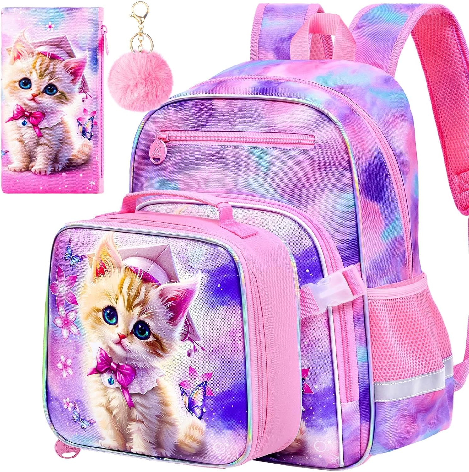 AGSDON 3PCS Cat Kids Backpack for Girls, 16" Kindergarten Elementary Lightweight School Bag, Girls Bookbags Set with Attachable Lunch Box and Pencil Case