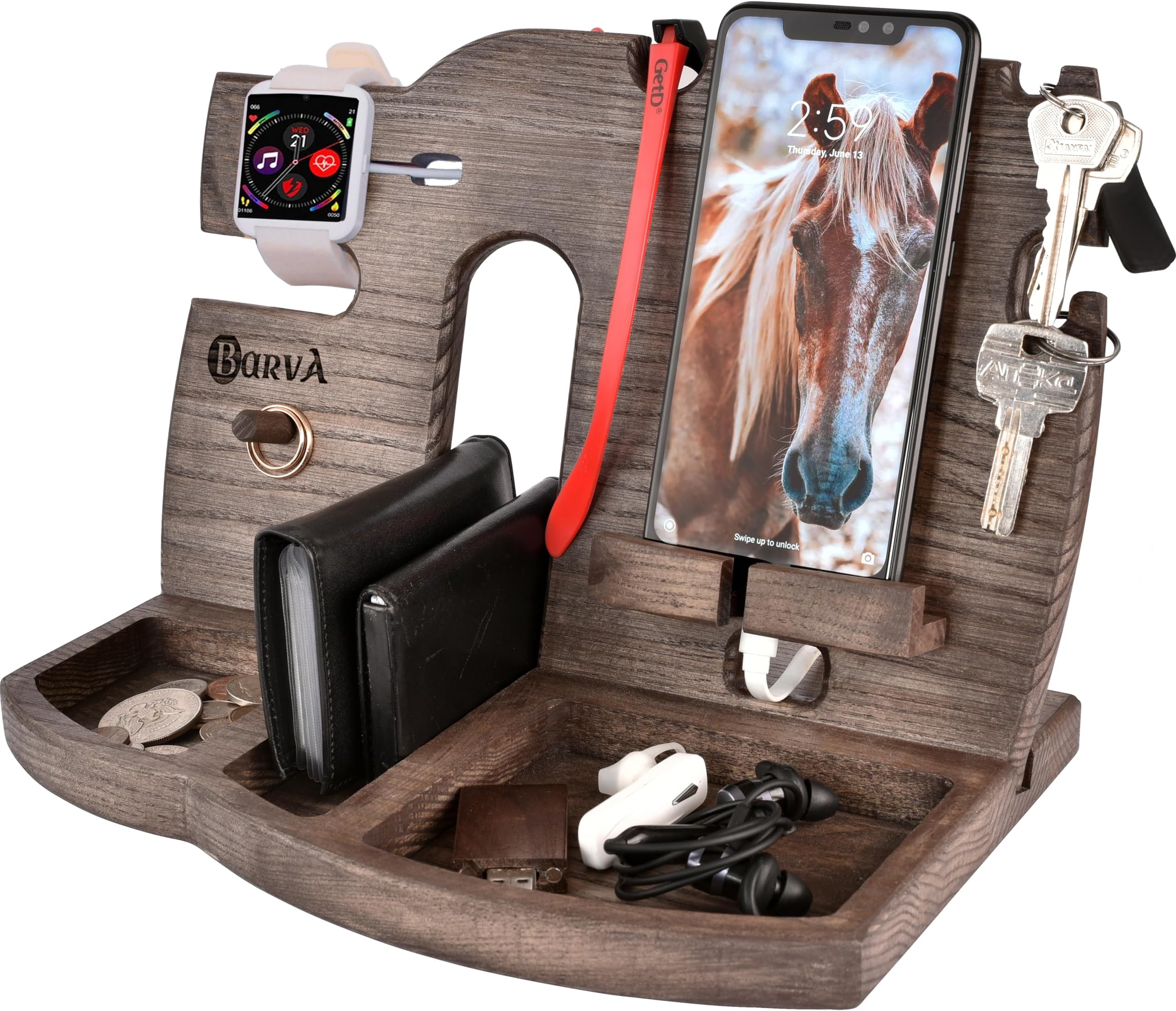 BARVA Gifts for Men Dad Birthday Idea Wood Docking Station Phone Rustic Nightstand Organizer Table Charging Dock Watch Charging Stand Wallet Key Gadget Device Bedside Holder Bedroom Desk Accessories