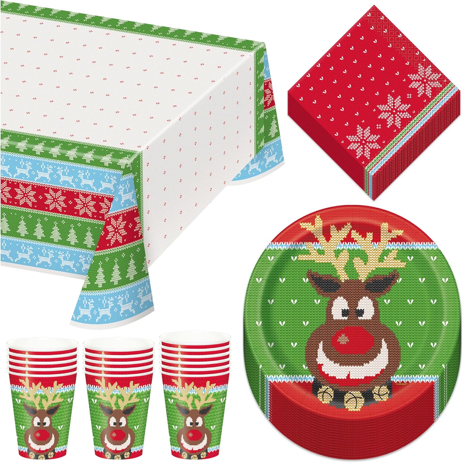 Ugly Sweater Party Christmas Holiday Paper Dessert Party Pack - Paper Plates, Napkins, Cups, and Table Cover (Serves 16)