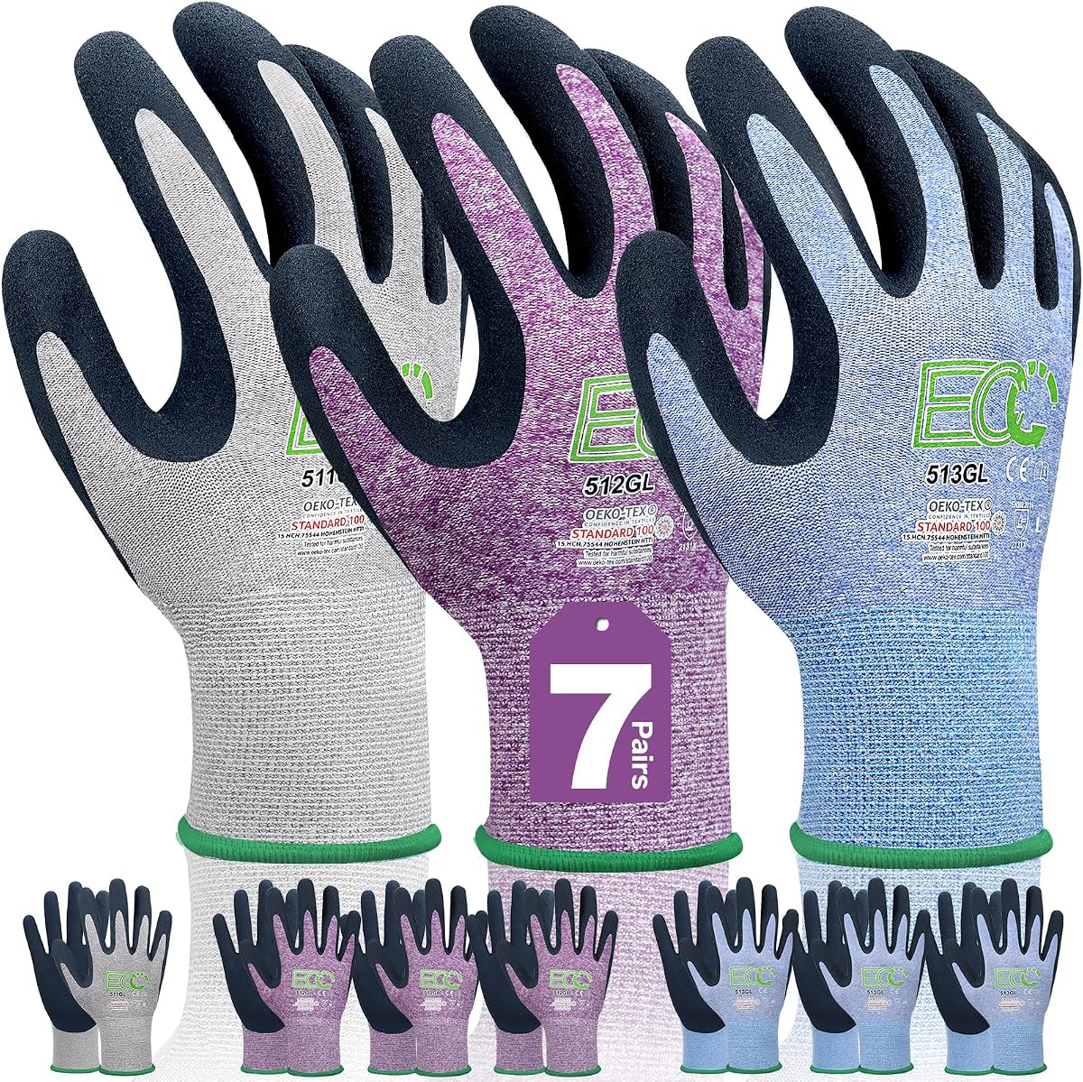 7 pares de guantes de jardinería para mujer, EN388 2131X, guantes de trabajo protectores para exteriores con revestimiento de microespuma transpirable para jardinería, uso general, patio, 3 morados + 3 azules + 1 gris | 3 morados + 3 azules + 1 gris, tejido de nailon transpirable, agarre seguro, PET reciclado, ideal para jardinería, patio y uso general