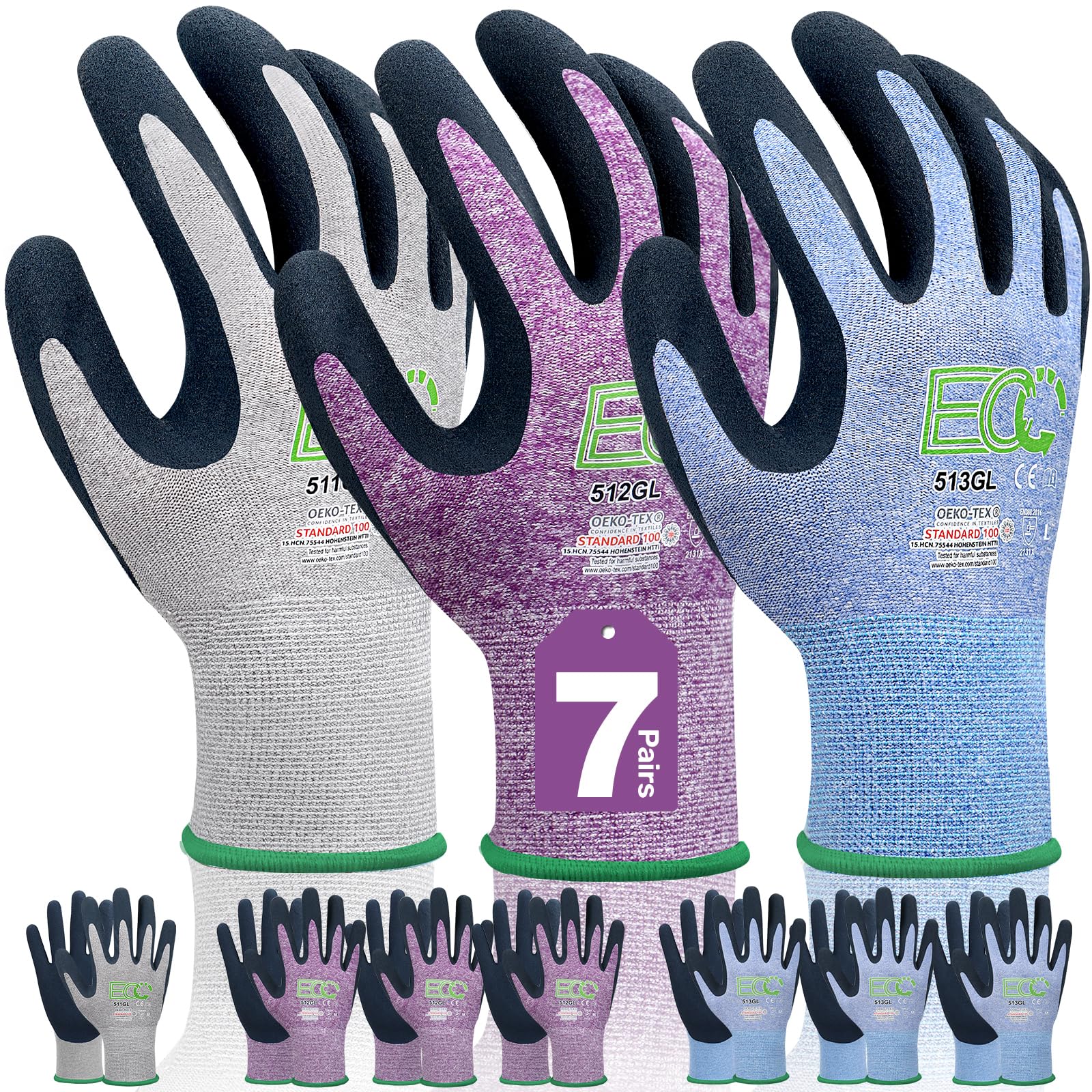 KANGLONGDA 7 Pairs Women Gardening Gloves, EN388 2131X Outdoor Protective Work Gloves with Breathable Micro-Foam Coating for Gardening, General