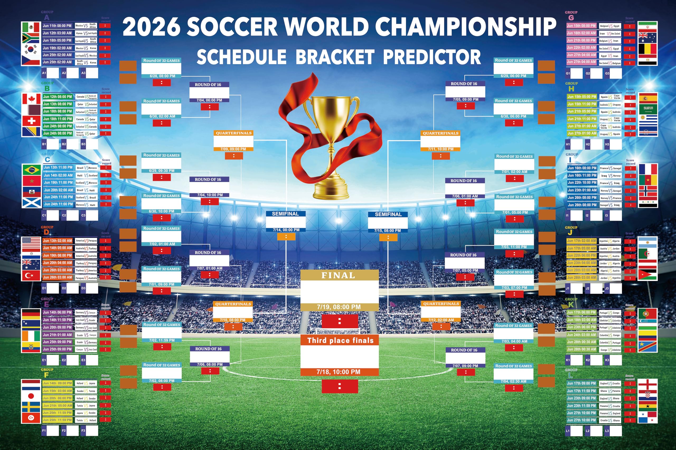 2026 World Cup Wallchart Cup Football Tournament Poster 90 x 60cm Football World Wall Soccer Matches Schedule Wall Chart TV for Home Office Bar Club Decorations Great Gifts for Soccer Fans