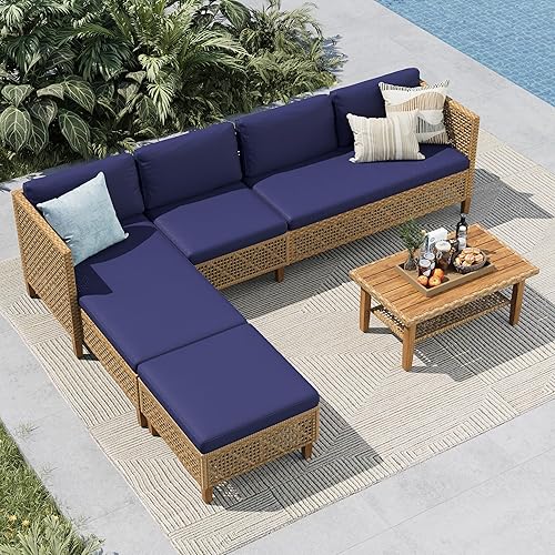 MFSTUDIO Wicker Patio Furniture Set, Rattan Outdoor Couch Sectional Sofa, 5 Pieces Patio Conversation Set with Acacia Wood Coffee Table, Outdoor Rattan Furniture Set for Garden or Balcony, Navy Blue