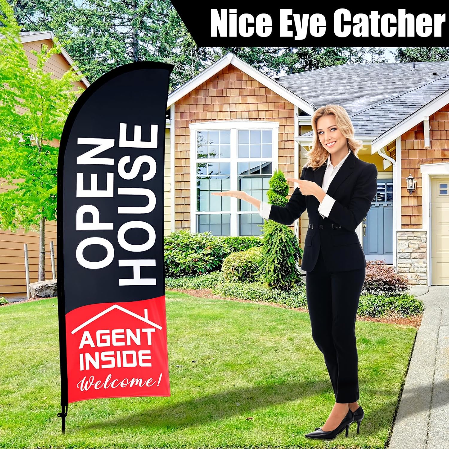 Buryeah 2 Pack Open House Flags Signs for Real Estate Agents Feather Flag Opening Signs Banner Set with Flagpole Ground Stake Portable Bag for Real Estate Business(Black,7x5.4 ft) - Image 4