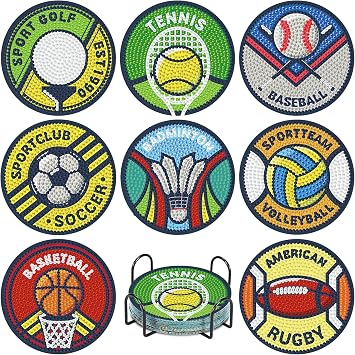 Aestalrcus 8 PCS Diamond Painting Coasters with Holder, Football Diamond Art Coasters Set of 8, DIY Diamond Art Painting for Home Decor Birthday Housewarming Gifts 3.9inch