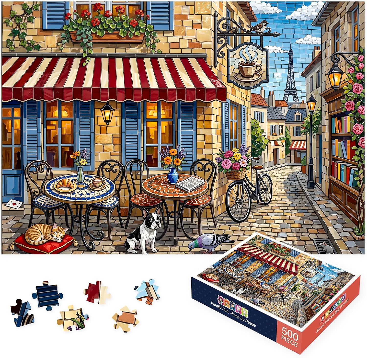 500 Piece Jigsaw Puzzle for Adults - Parisian Mosaic Cafe with Eiffel Tower and Sleeping Cat - 20.5 x 15 in with Reference Poster