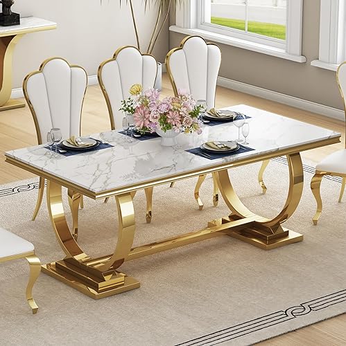 Mesa de comedor de mármol blanco para 4, 6, 70 pulgadas, moderna mesa de comedor de cocina dorada con patas de acero inoxidable en forma de O,