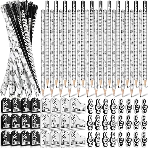 Chivertion Lápices de música, lápiz de notas musicales con borradores temáticos de música, lápices de madera, lápices divertidos para teclado a