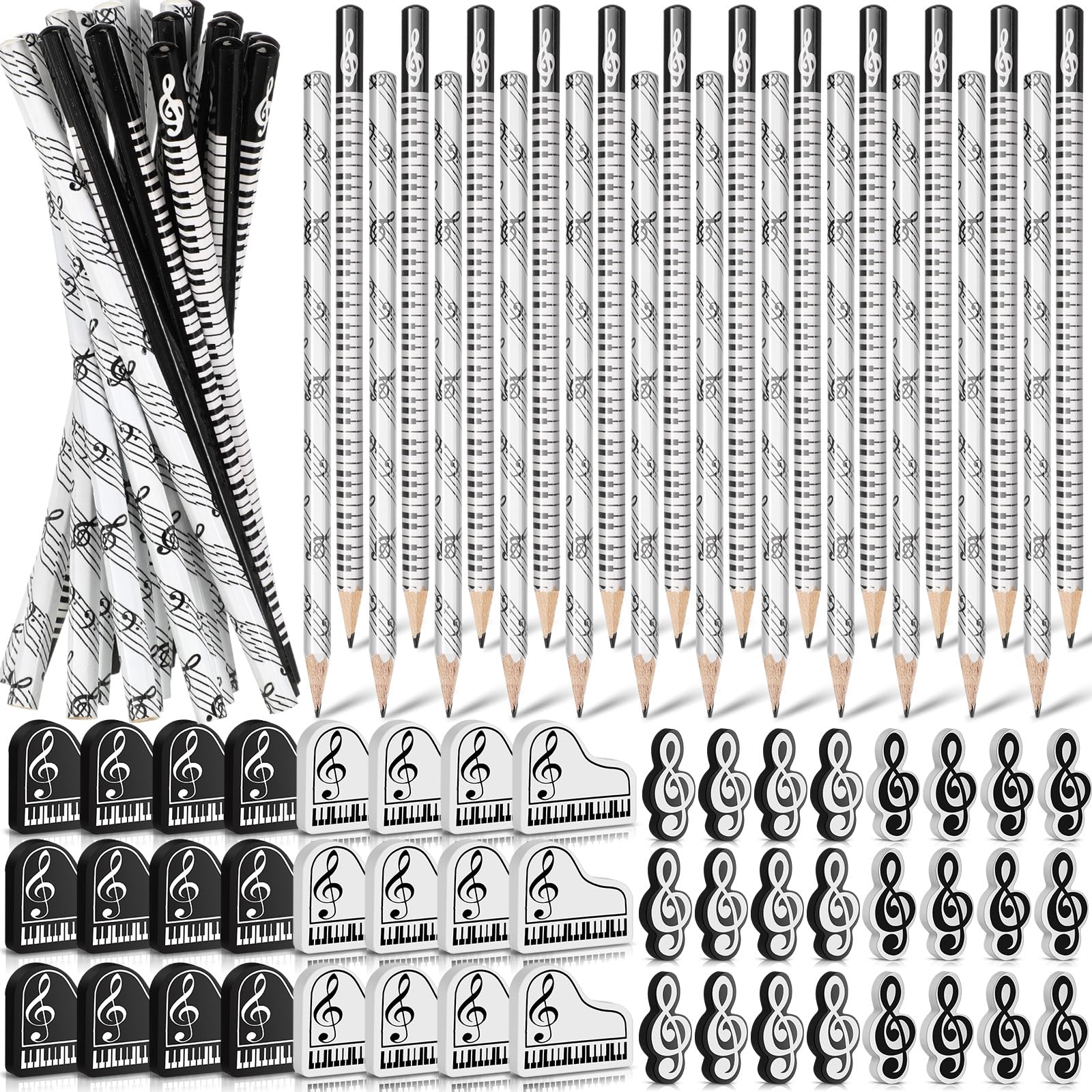 Chivertion 96 Pcs Music Pencils Music Note Pencil and Erasers Piano Recital Gifts Wood Piano Keyboard Erasers Bulk Musical Party Favors for Students