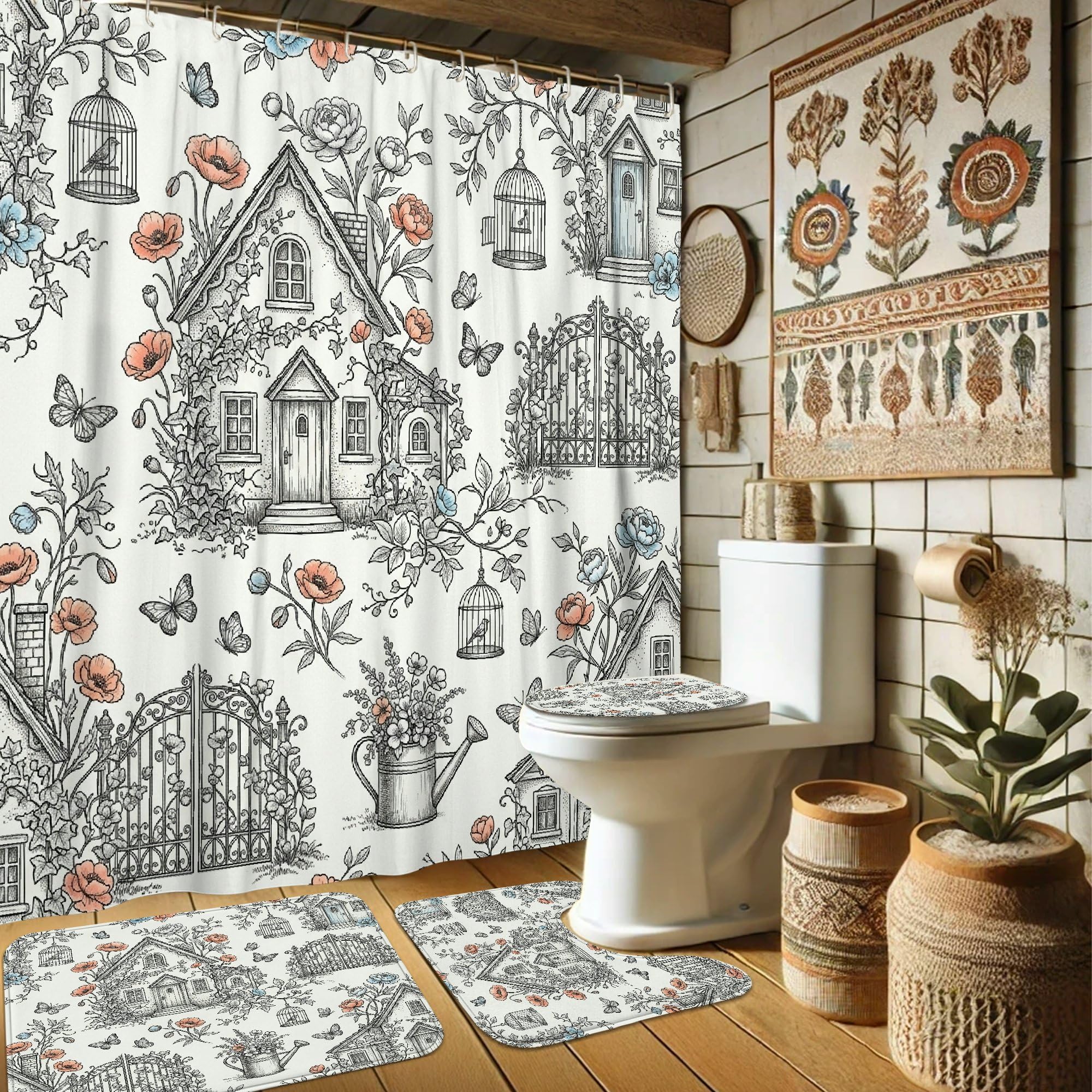 Rideau de douche lavable anti-moisissure style rustique fleuri avec tapis et crochets de fixation