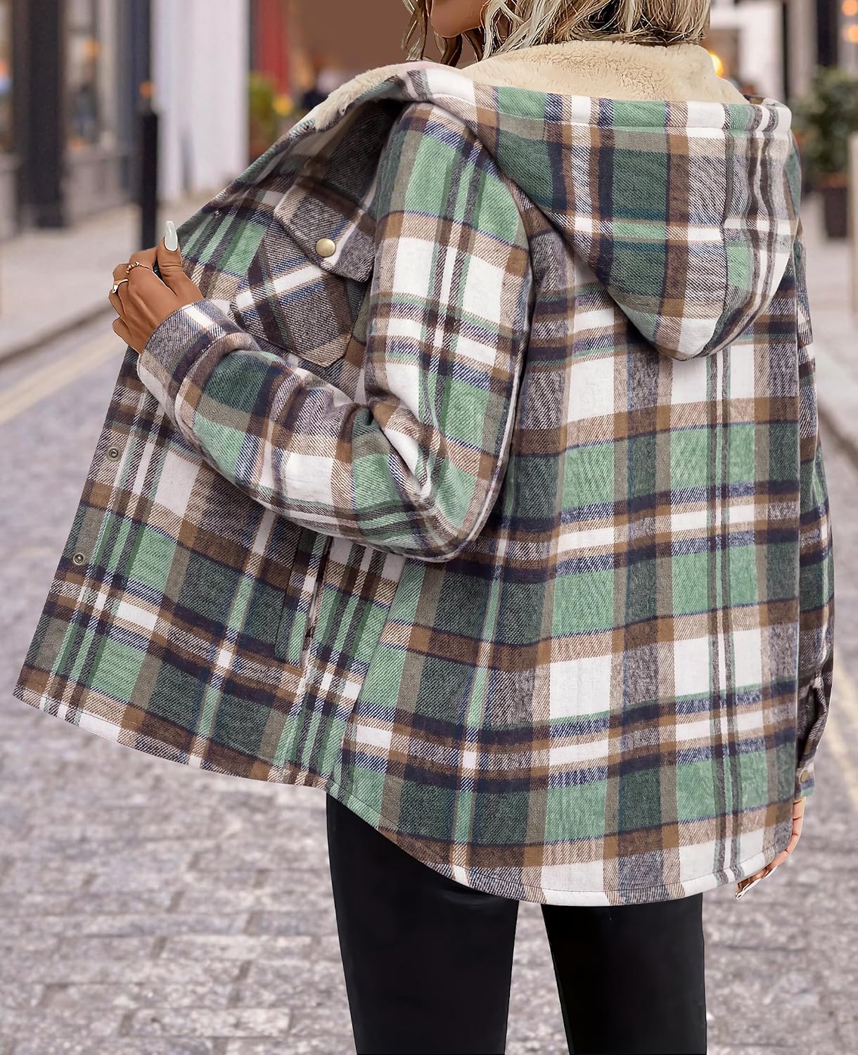  Womens Flannel Plaid Jacket Fleece Lined Shacket Hooded Warm Coat thumbnail