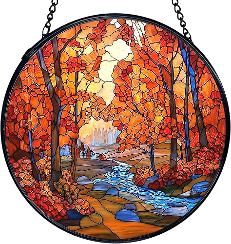 TNUW Fall Autumn Stained Glass Window Hanging, Rustic Autumn Forest Landscape Su