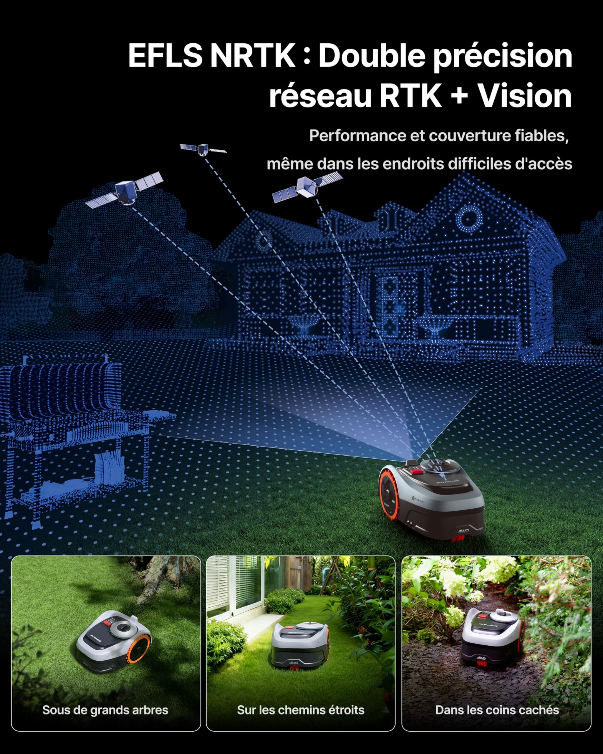 Segway Navimow i208 AWD Robot tondeuse et Garage S, Trois roues motrices, monte les pentes jusqu'à 45%, EFLS NRTK + Vision, Cartographie automatique, sans antenne, jardin de 800 m²(expédié séparément)