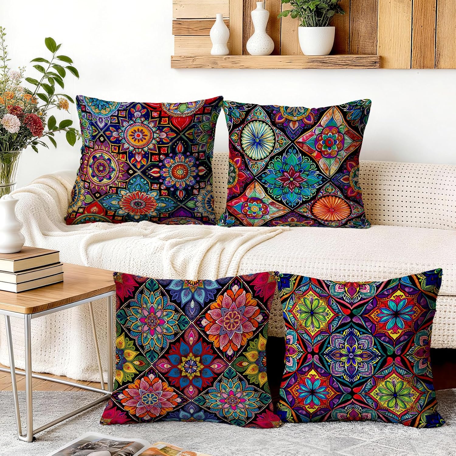 Colourful Bohemian Geometric Throw Pillow Covers, 18X18 inch Set of 4 Square Modern Outdoor Pillow Cases Decorative Cushion Covers, for Home Couch Sofa Car Decor
