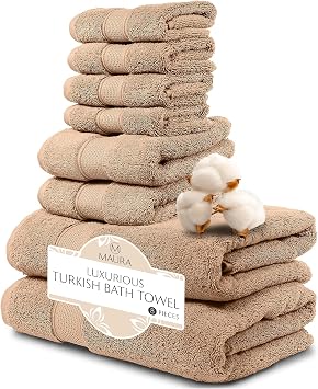 MAURA Biege Bath Towel Set of 8 for Bathroom. Turkish Cotton Luxury Bath Towels. Extra Large, Thick, Plush & Soft. Hotel & Spa Quality - Brown