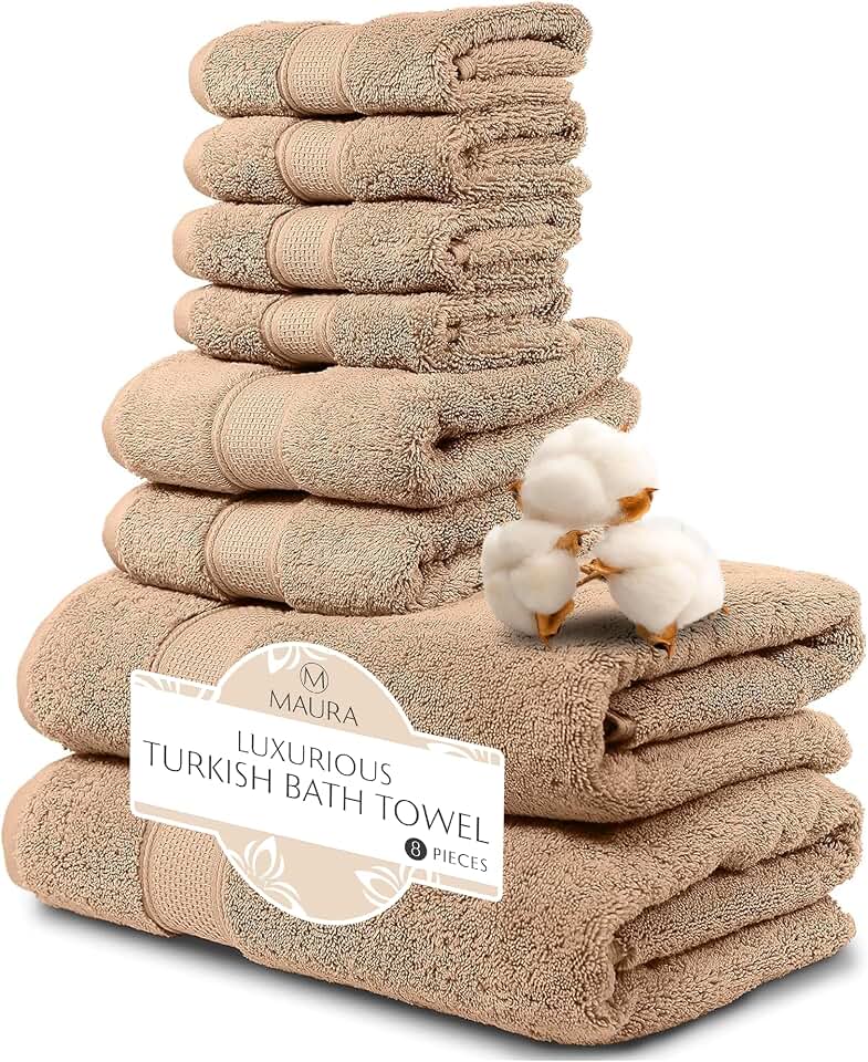 MAURA Biege Bath Towel Set of 8 for Bathroom. Turkish Cotton Luxury Bath Towels. Extra Large, Thick, Plush & Soft. Hotel & Spa Quality - Brown OEKO-TEX MADE IN GREEN