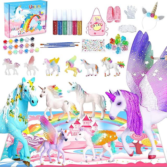 Jojoin Unicorn Gifts for Girls - 43 pcs Unicorn Painting Kit with Glow in The Dark | Gloves | Bib Sleeves Headbands - Craft Kit Toy Gift Birthday Christmas for Girls Boys Kids 3 4 5 6 7 8 9 Year Old