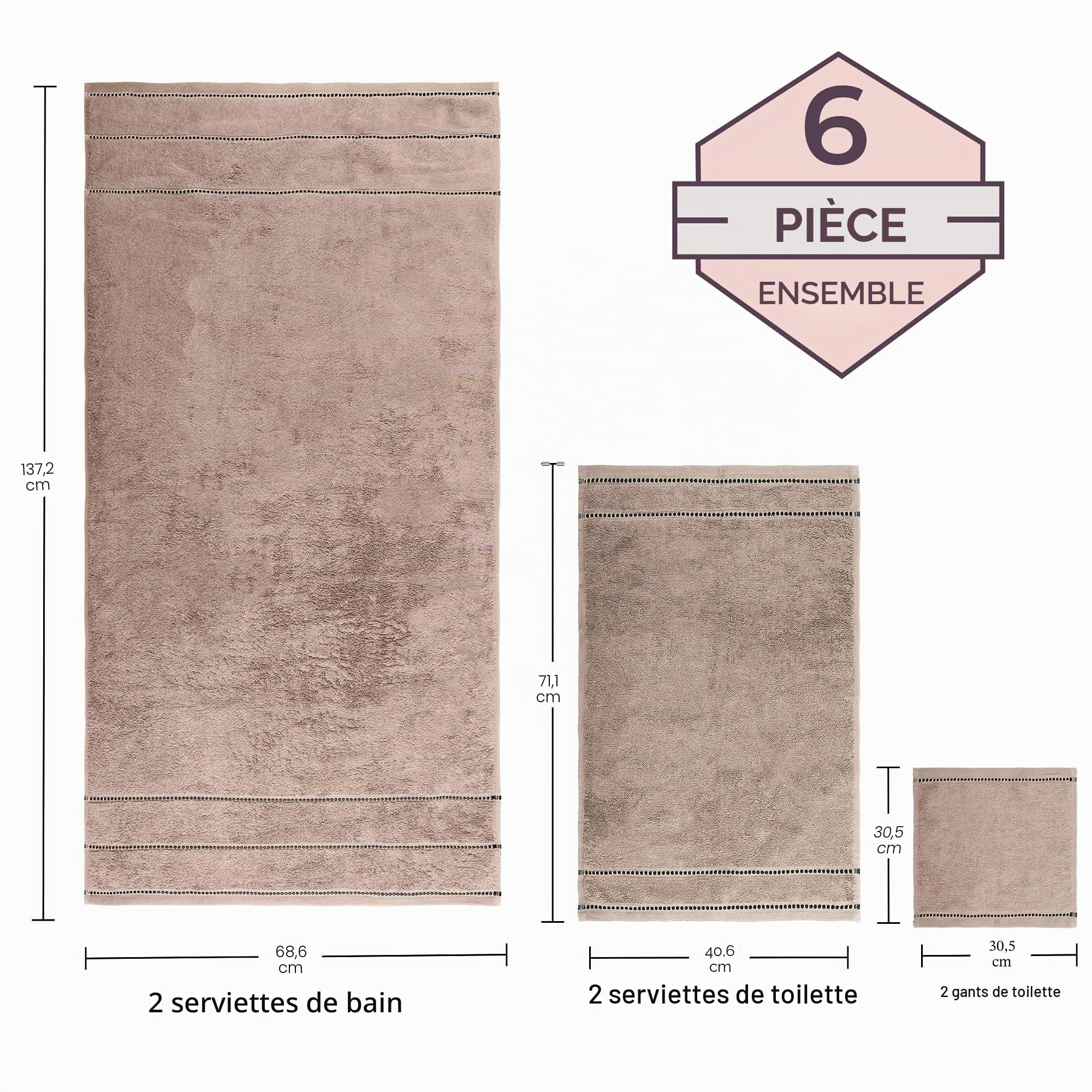 Lavish Home Lot de 6 Serviettes de Luxe en Coton Doux à séchage Rapide, zéro Torsion et 2 Serviettes de Toilette avec 2 Serviettes de Bain, 2 essuie-Mains et 2 débarbouillettes (Taupe/Noir) 30,5 x