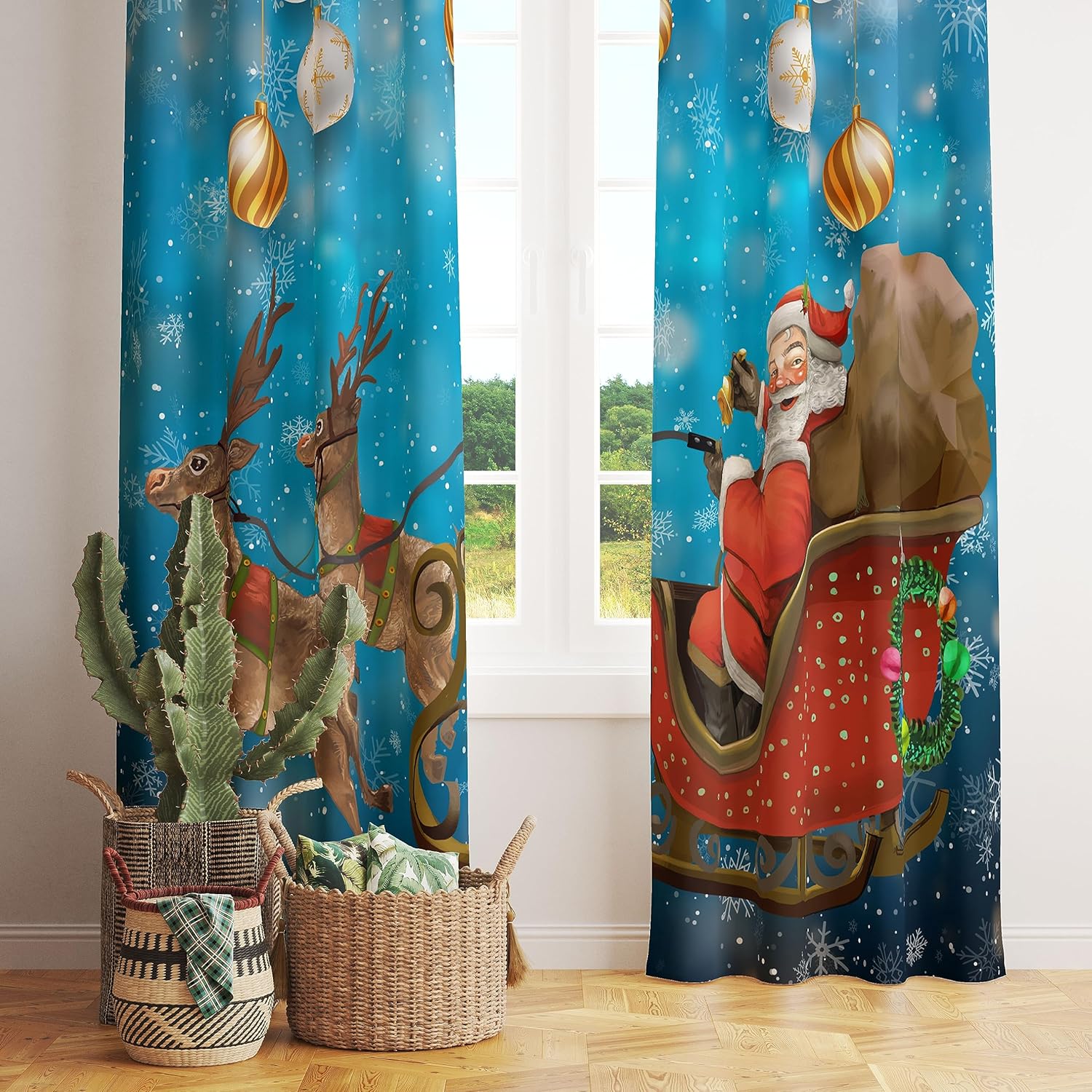 Christmas Curtains,Funny Anta Claus Riding a Sleigh Delivering Presents,Christmas Tree Branches Colorful Balls Blue Abstract Winter Print Rod Pocket Drapes for Bedroom Party Decor 21x54in,2 Panel Set