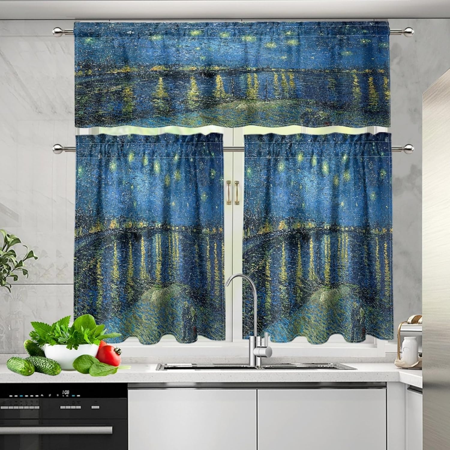 Oil Painting Valance Curtains, Starry Night Over The Rhone Art Abstract Blue Backdrop Decor Window Treatments, Rod Pocket Drapes for Bedroom Kitchen Living Room Bathroom, 54x18in 1P+27x36in 2P