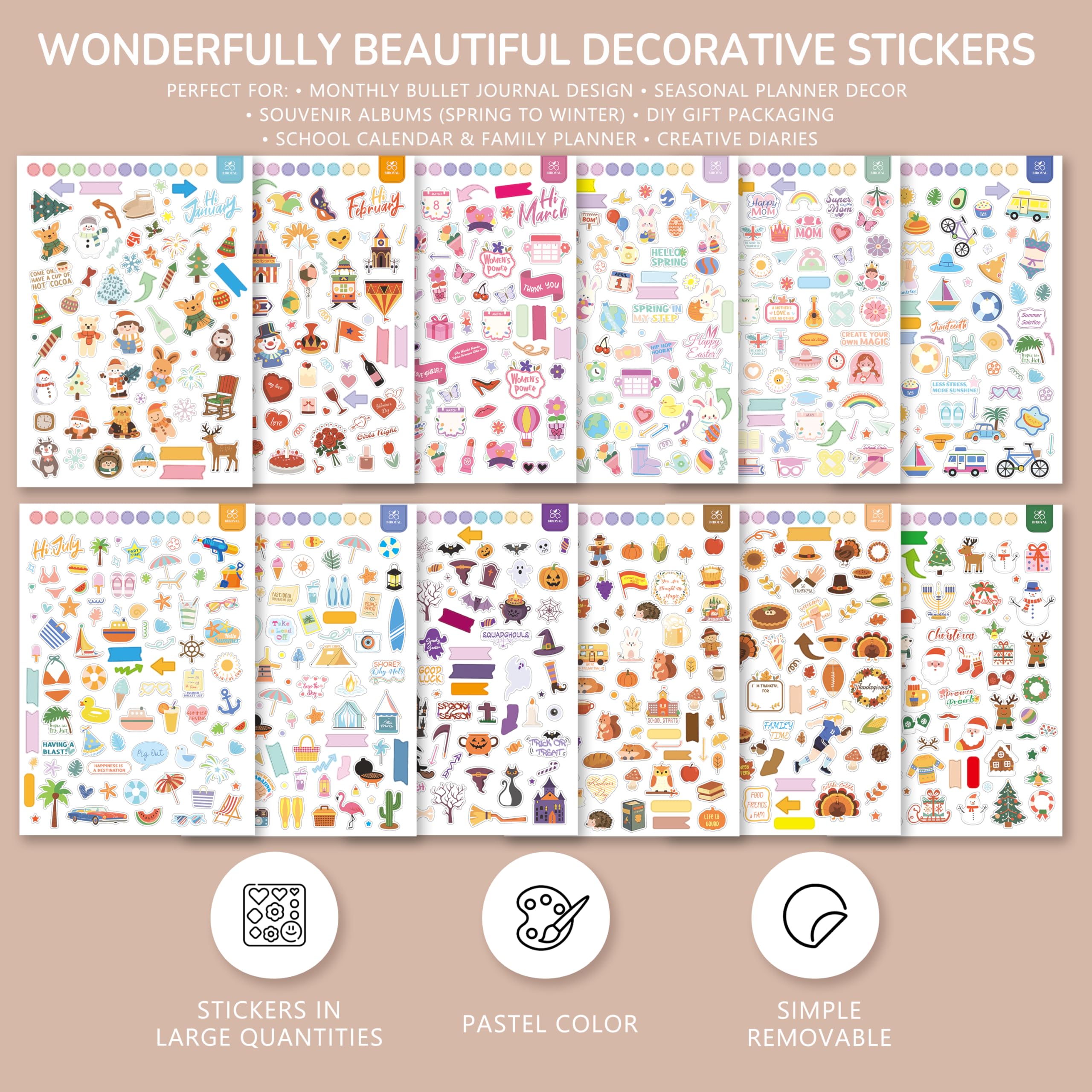 BIROYAL 12 Sheets Planner Stickers, 500+ Pcs Seasonal Calendar Stickers - Image 2