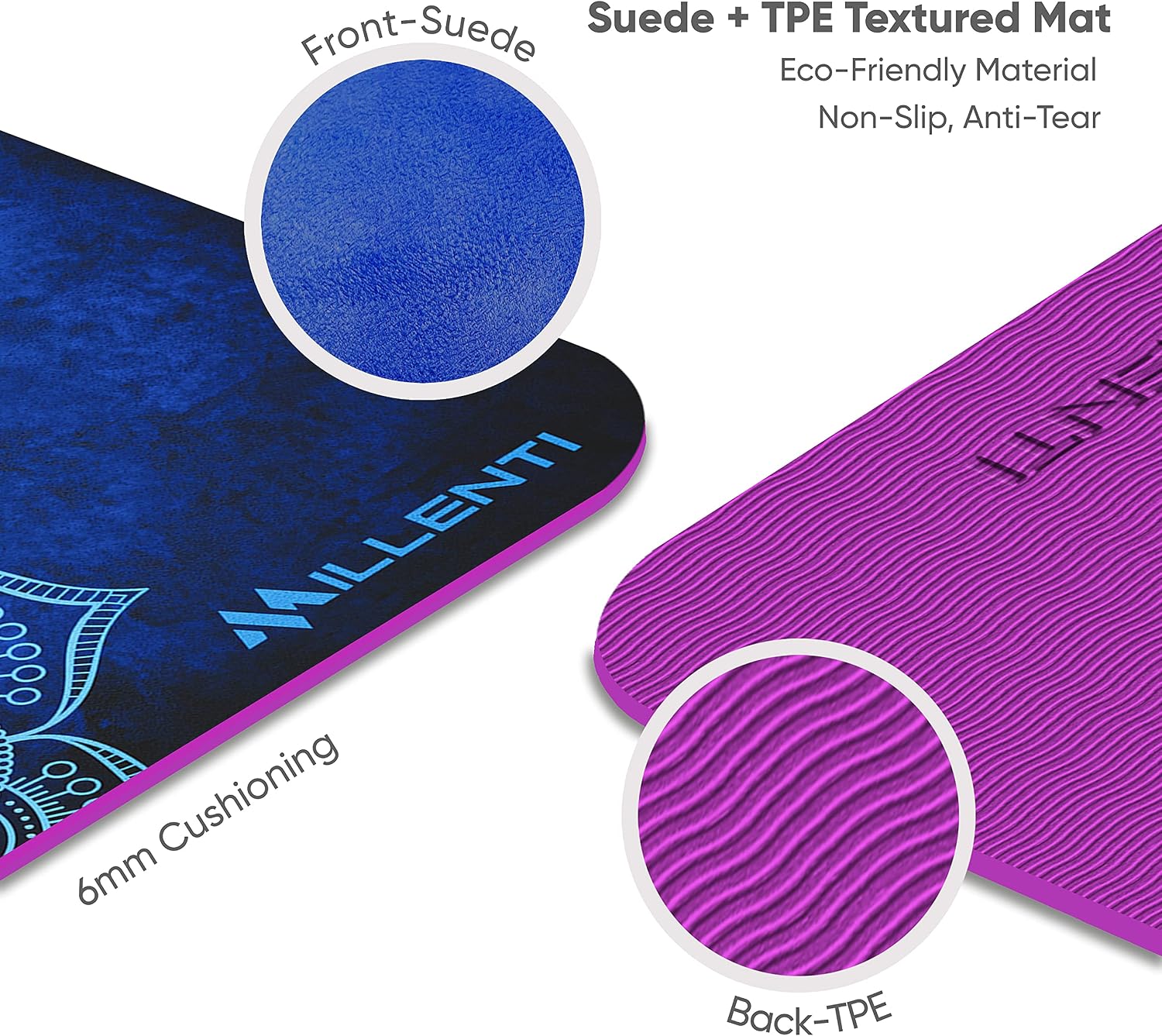 MILLENTI Premium Yoga Mat 6mm Non-Slip Exercise & Fitness Mat for Yoga & Floor Workouts with Carry Strap, All-Purpose Suede & Textured TPE Yoga Mat