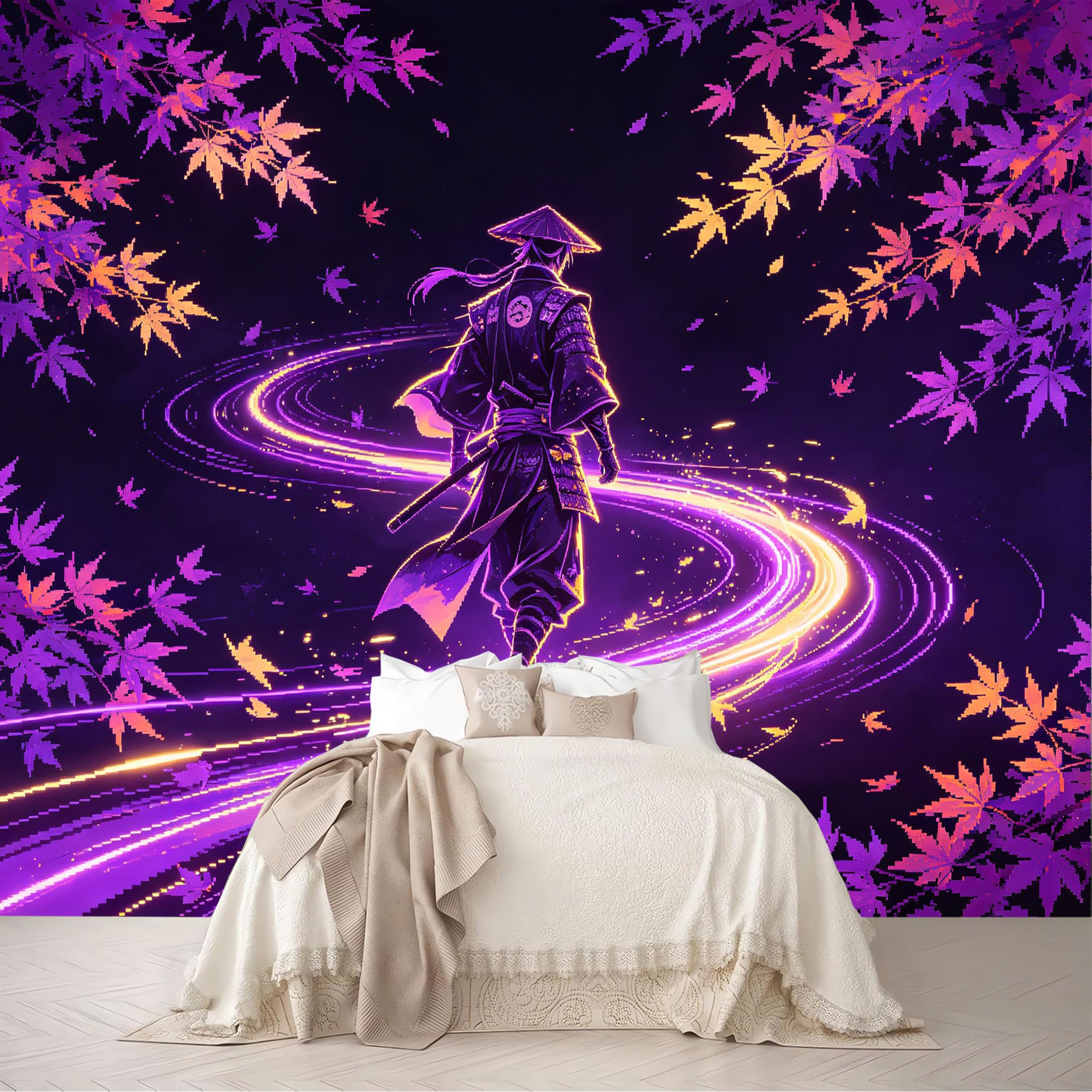 Dskjoviality Ab260706027 Custom Size Wall Mural Neon Samurai Maple Leaf Light Trail Cyberpunk Night Scene Removable Self Adhesive Peel And Stick Wallpaper For Bedroom Living Room