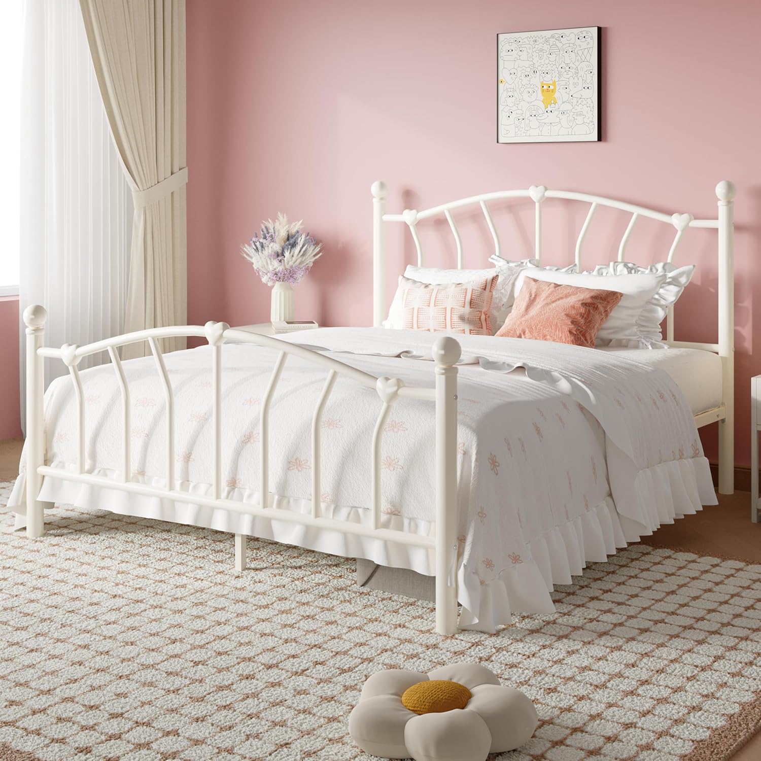 SHA CERLIN 14 Inch Full Size Metal Platform Bed Frame with Heart Shaped Headboard/Footboard, Under Bed Storage, Noise Free Mattress Foundation, No Box Spring Needed, Easy Assembly, Cream White