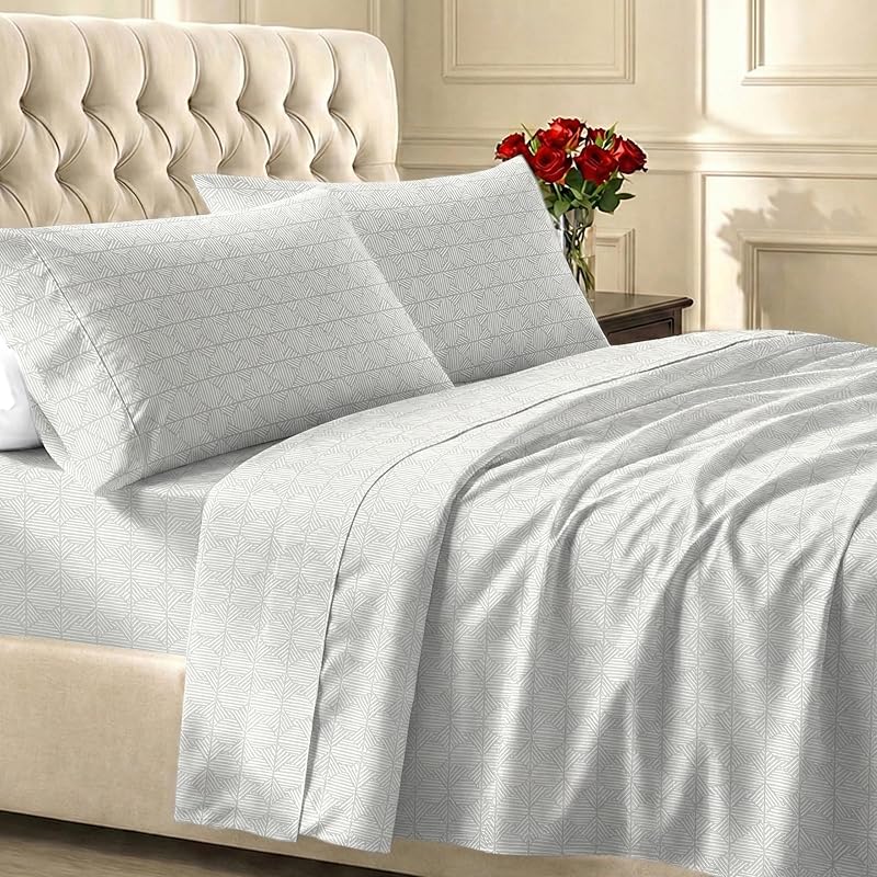 California Design Den Suave 100% satén de algodón sábanas de tamaño completo, 4 piezas | 400 hilos respaldados por el sello Good Housekeeping, bolsillo de 16 pulgadas de profundidad, elástico integral, juego de 4 piezas, estampado de salvia taupish cruzado