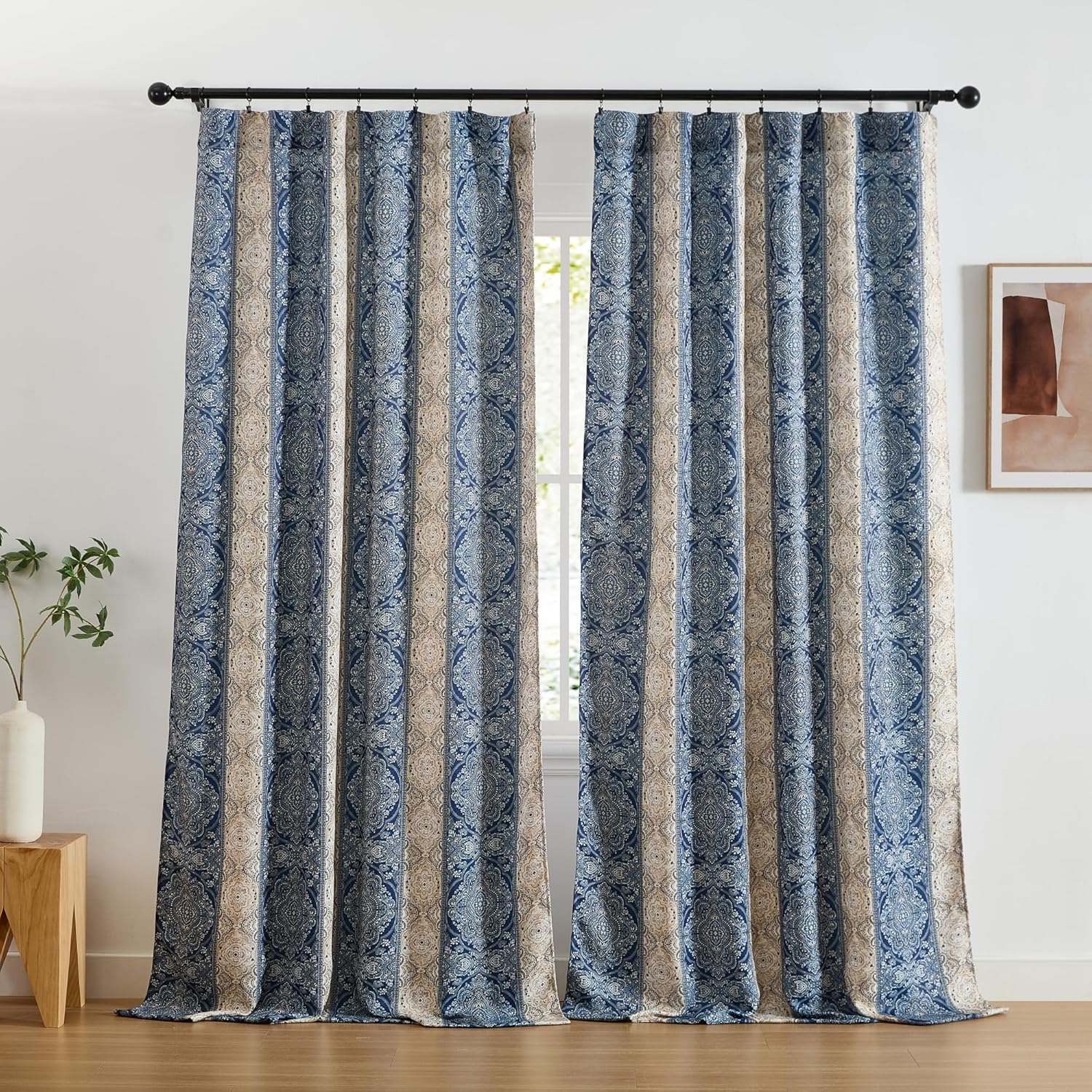 HLC.ME William Boho Damask Striped Patterned Window Back Tab Rod Pocket Print Curtains Bedroom - Light Blocking Darkening Window Panels, Set of 2 (Navy Blue, 52 W x 84 L)