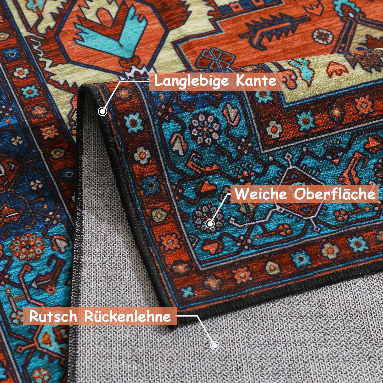 WONGS BEDDING Boho Teppich Wohnzimmer Schlafzimmer Kurzflor Teppiche Waschbar Weich rutschfest Vintage Design