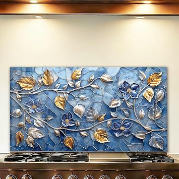 LMSDYSHU Tempered Glass Backsplash for Kitchen, Mosaic leaves,Golden and flowers,Colorful , Frameless, Stove Backsplash Protector for Wall,Easy to Clean, Home Decor (Mosaic leaves, 30x16)