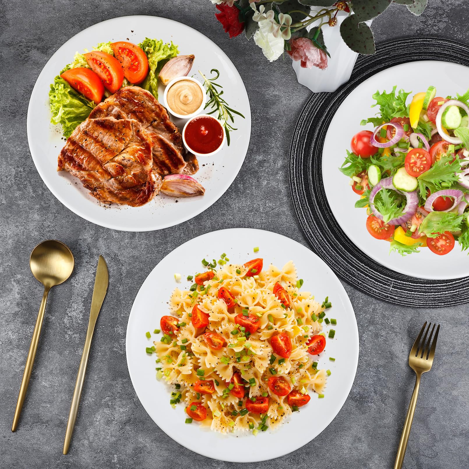 Jeffbaubl 8 Stück Essteller, 25,4 cm Keramik Tellerset, Porzellan Rund Speiseteller, Weiß Kuchenteller, Große Dinner Teller für Salat Pasta Fleisch Fisch, Spülmaschinenfest Mikrowellengeeignet(Weiß)
