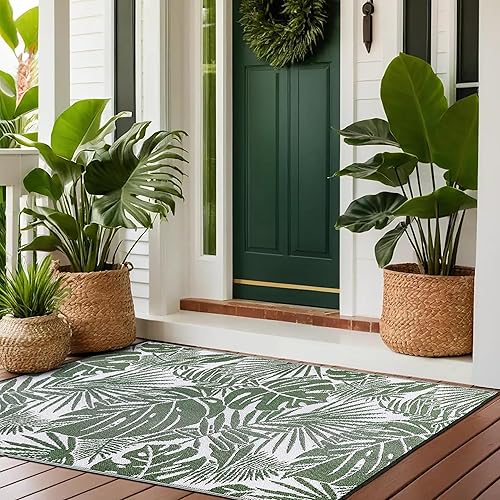 Lush Ambience Fern Green Alfombra para exteriores, lavable, impermeable, reversible, alfombra de paja de plástico reciclado - Proch, terraza, balcón