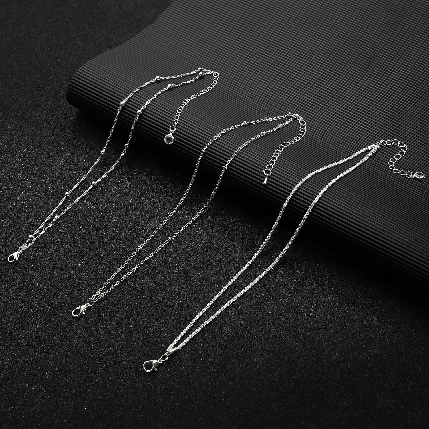 3 Pcs Sterling Silver Layered Anklets Set for Women, Hypoallergenic Double-Layer Adjustable Waterproof Ankle Bracelets, Non-Tarnish Dainty Silver Anklets for Summer Jewelry Gifts - Image 2