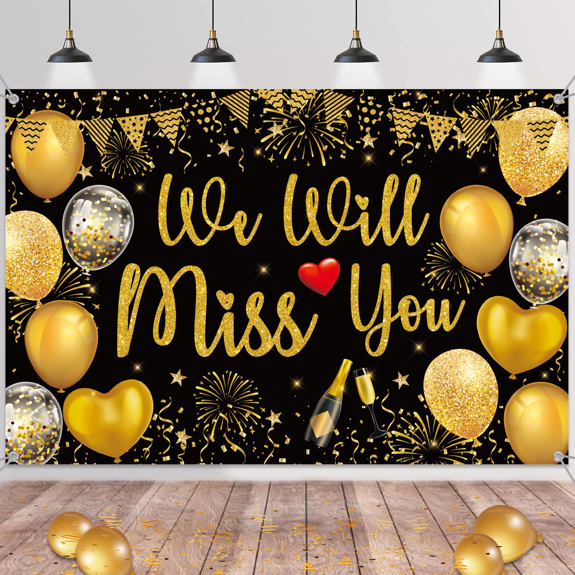 Black Gold Miss You Banner - We Will Miss You Backdrop Sorry Your Leaving Decorations, Goodbye Background for Retirement Graduation Farewell Party Supplies (180X120CM)