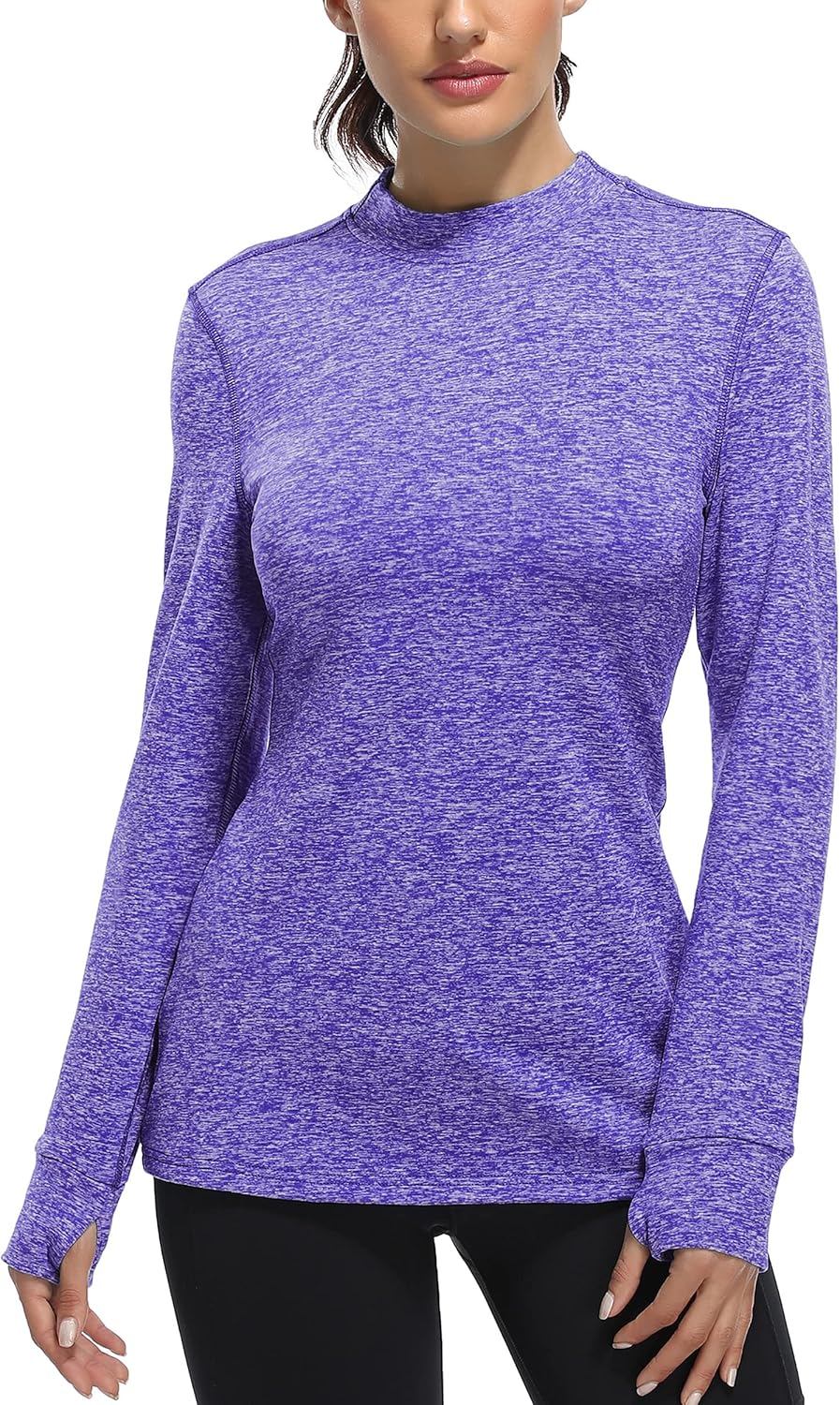 Fulbelle Womens Thermal Fleece Mock Neck Long Sleeve Running Shirts, Thumbholes Cold Weather Base Layer - Image 2