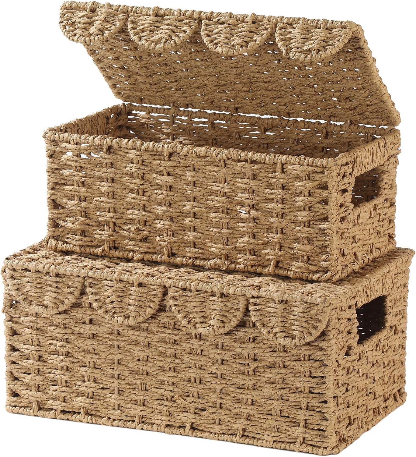 Set of 2 Scalloped Wicker Baskets with Lid,Paper Rope Decorative Storage Baskets for Shelves, Display Shelf, Handmade Cute Woven Basket for Nursery,Living Room Decor
